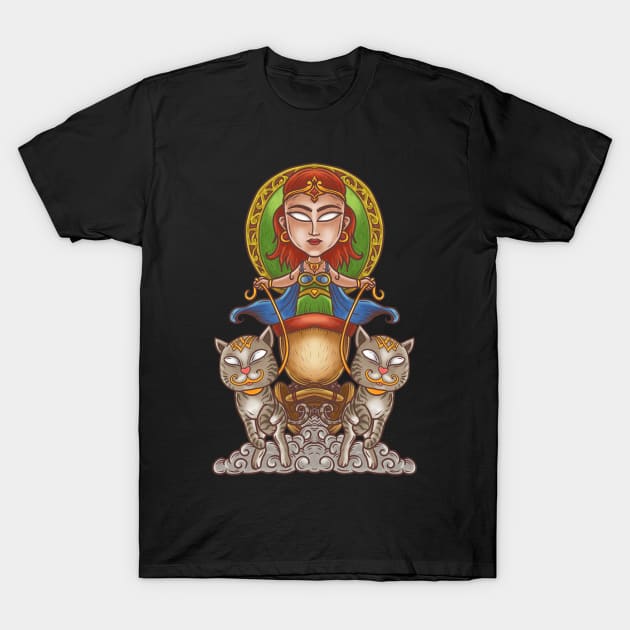 Goddess of the Norse: Viking Goddess Freya and Her Feline Chariot T-Shirt by Holymayo Tee